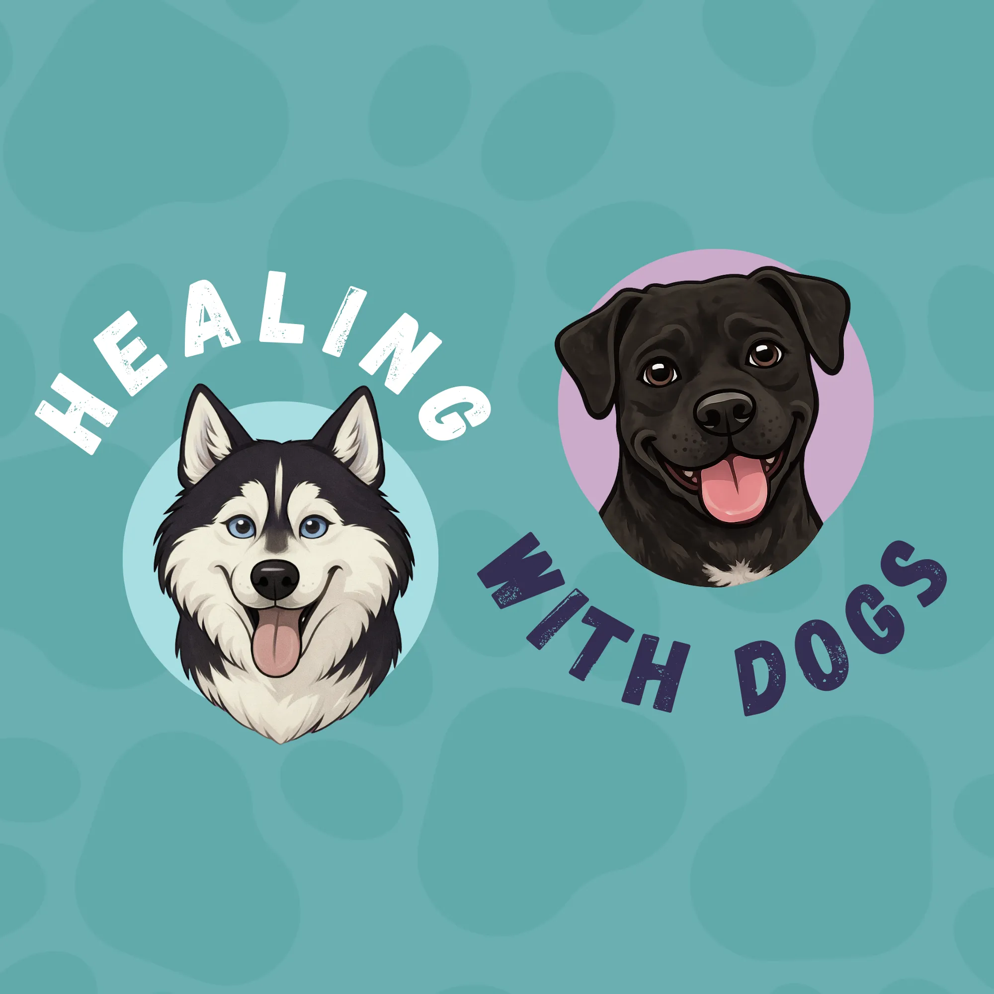 Healing With Dogs logo featuring two happy cartoon dogs